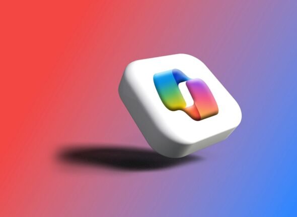 A white cube with a colorful abstract shape inside.