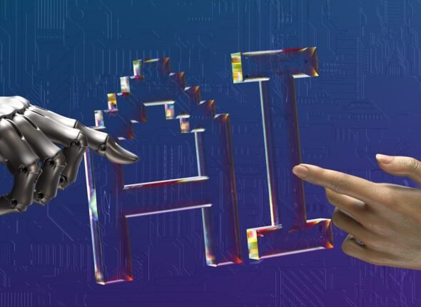 two hands touching each other in front of a blue background